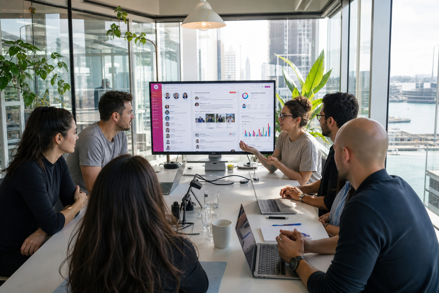 Bright Auckland studio team reviewing a social feed and community platform