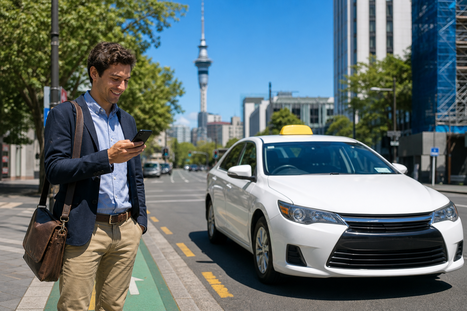Bright Auckland sidewalk with a passenger booking a taxi on a smartphone