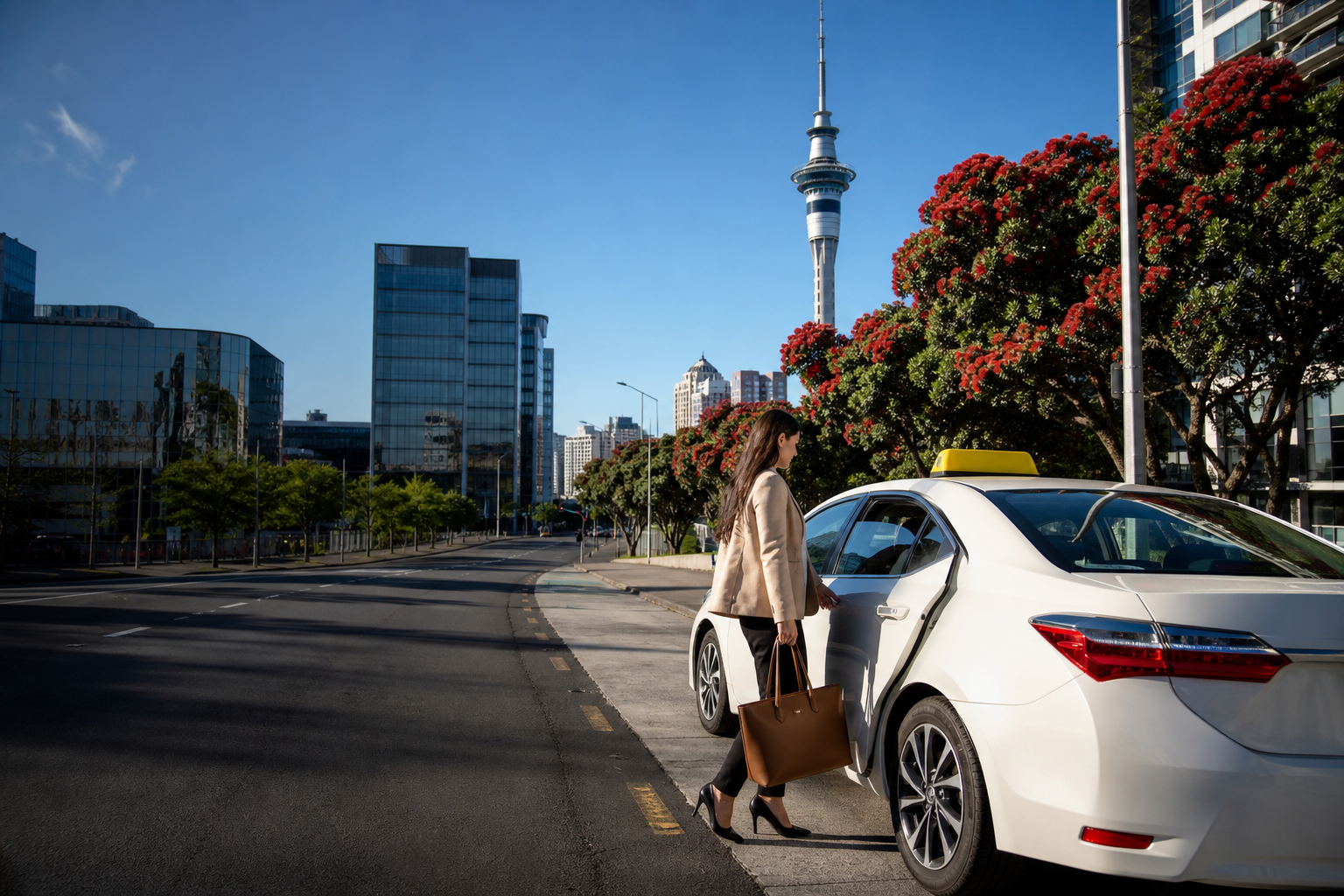 Bright Auckland street with a taxi at the kerb and the Sky Tower in the background