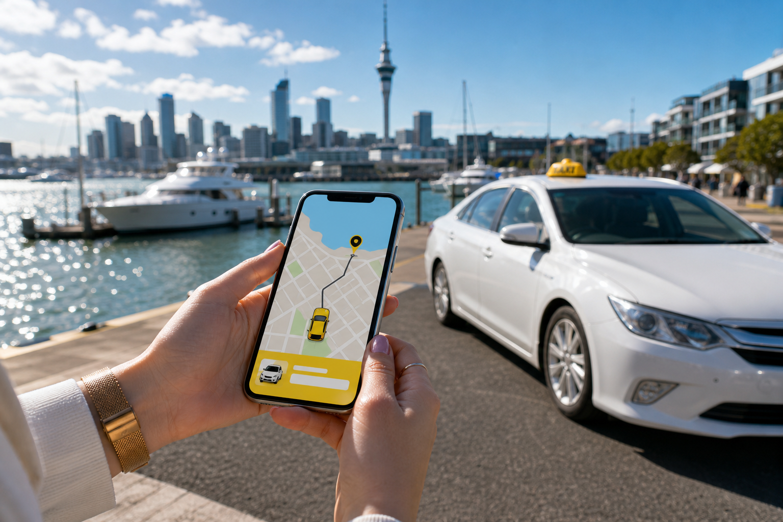 Sunny Auckland waterfront with a smartphone showing a taxi booking map