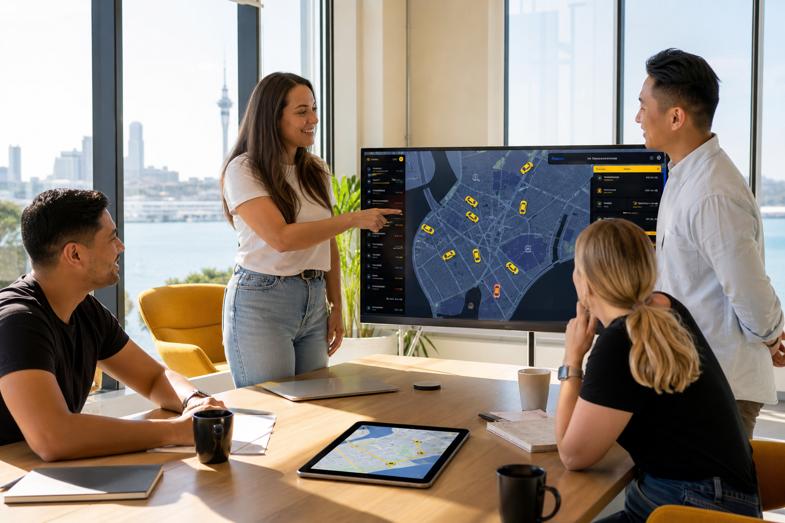 Bright Auckland studio team reviewing a taxi booking and dispatch platform