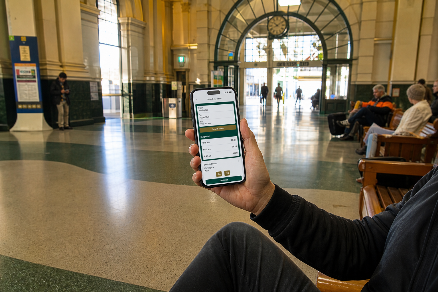 Bright Wellington railway station with a phone showing original route search, schedules and seat selection