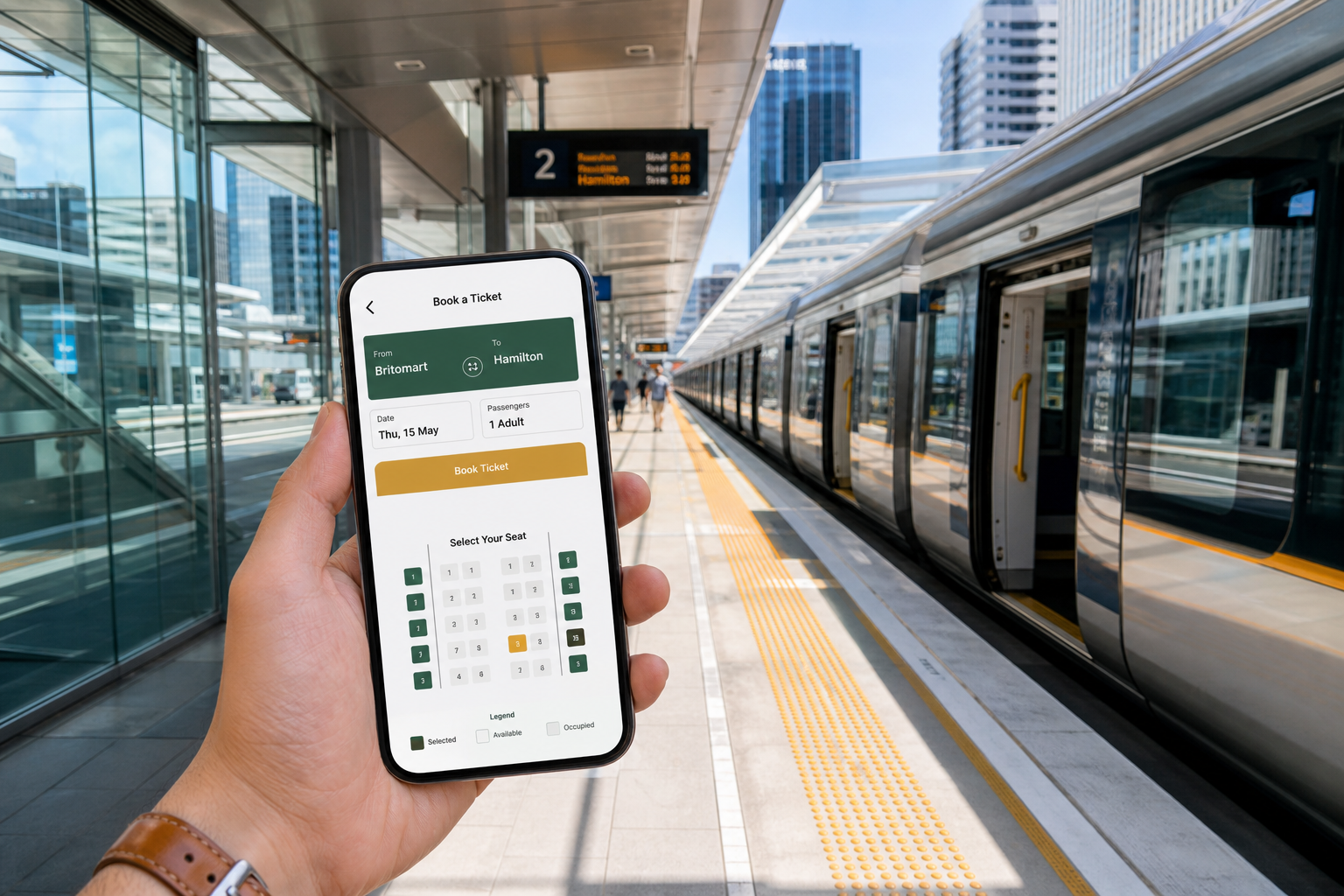 Bright Auckland railway station with a traveller booking a train ticket on an original mobile app