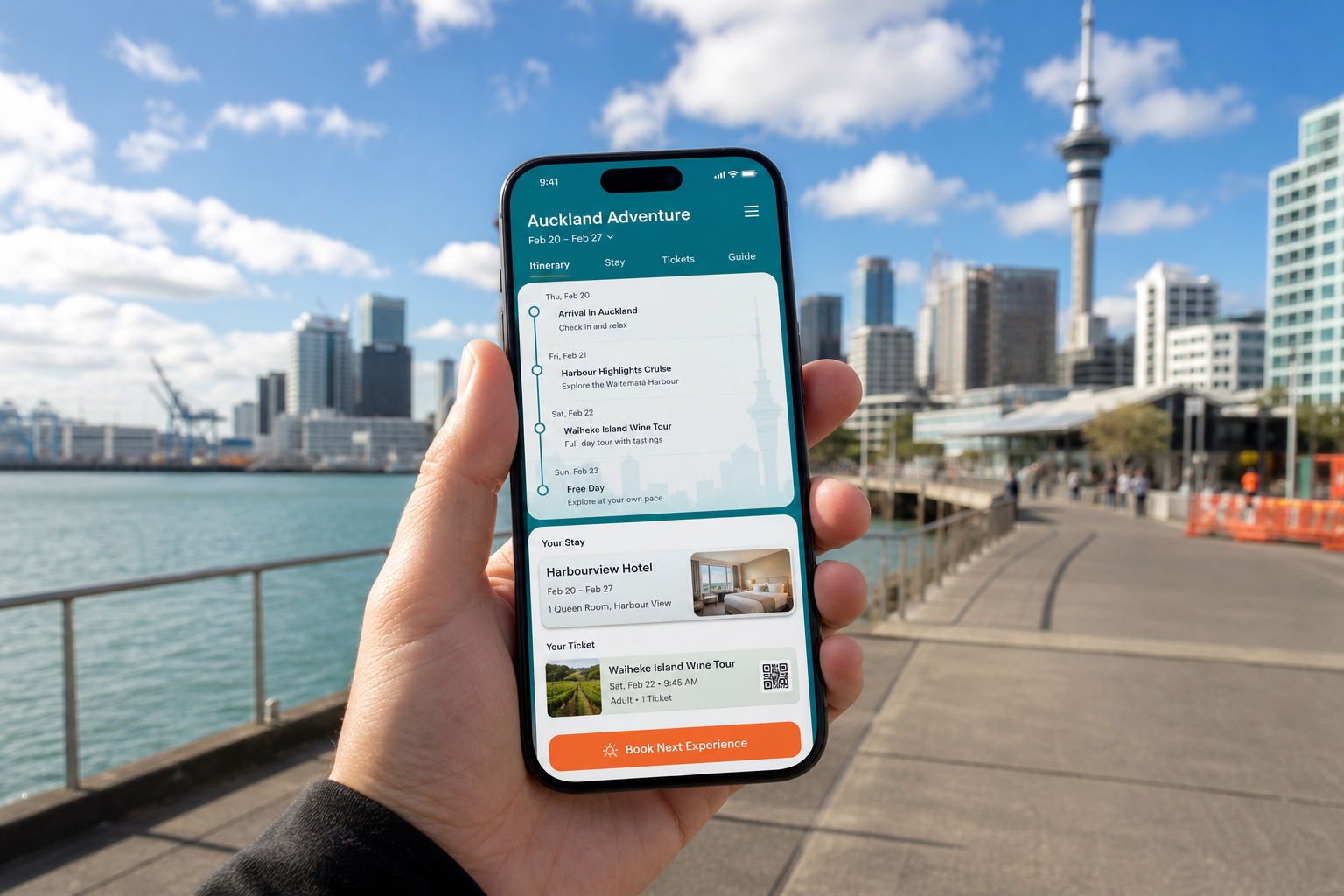 Sunny Auckland waterfront with a smartphone showing an original travel itinerary and booking app