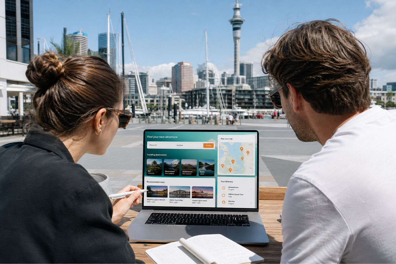 Bright Auckland harbour plaza team reviewing an original travel platform with destinations and itineraries