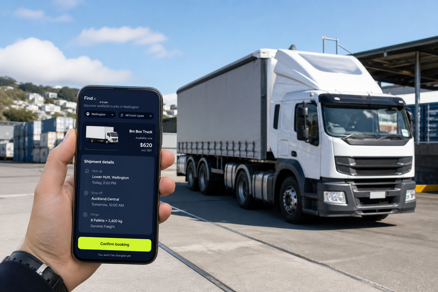 Bright Wellington freight depot with a phone showing original truck discovery and shipment details