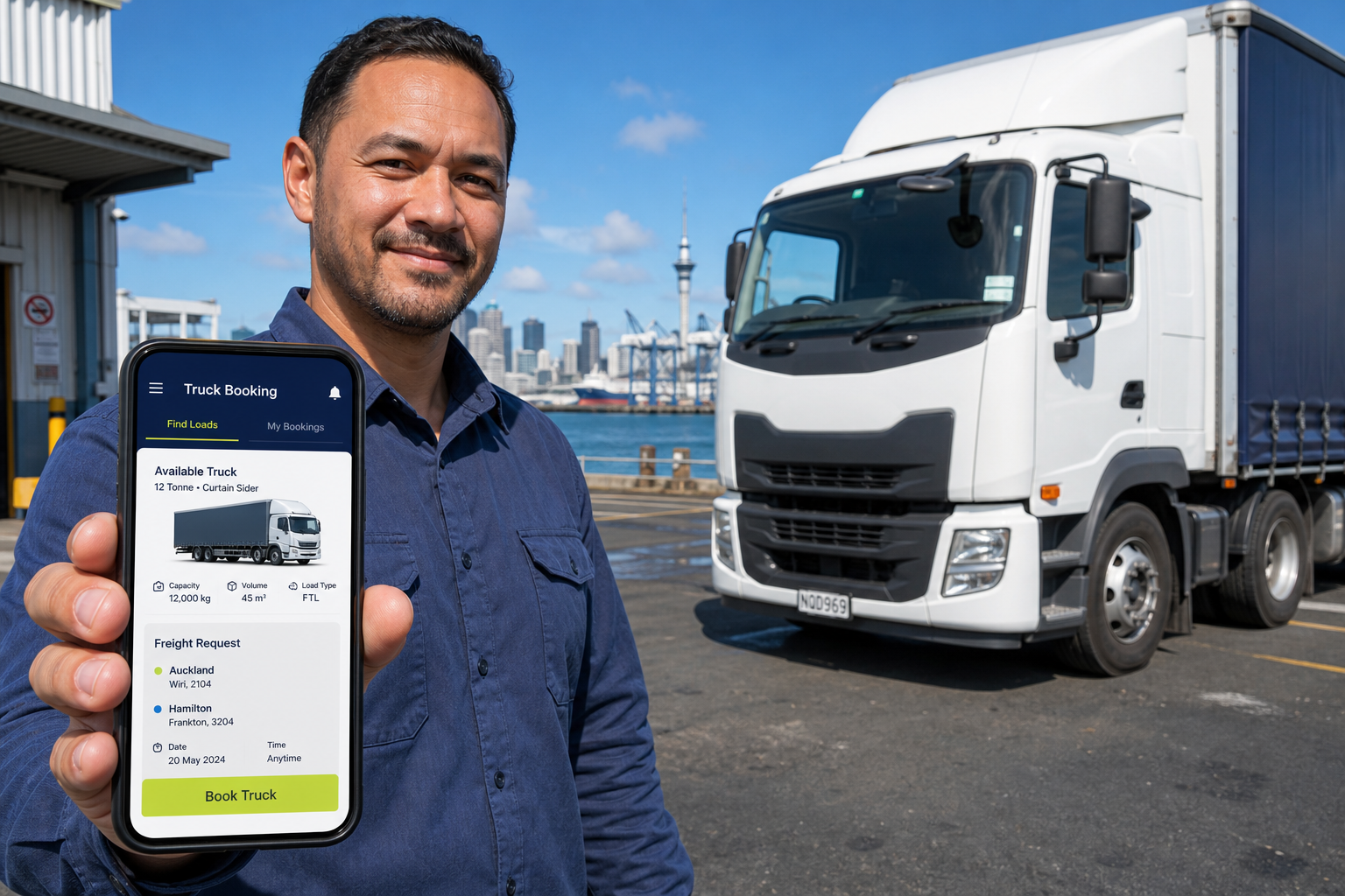 Bright Auckland freight waterfront with a coordinator booking a truck on an original mobile app
