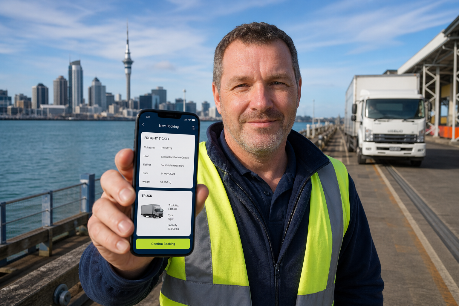 Sunny Auckland waterfront with a smartphone showing an original truck booking and freight ticket app