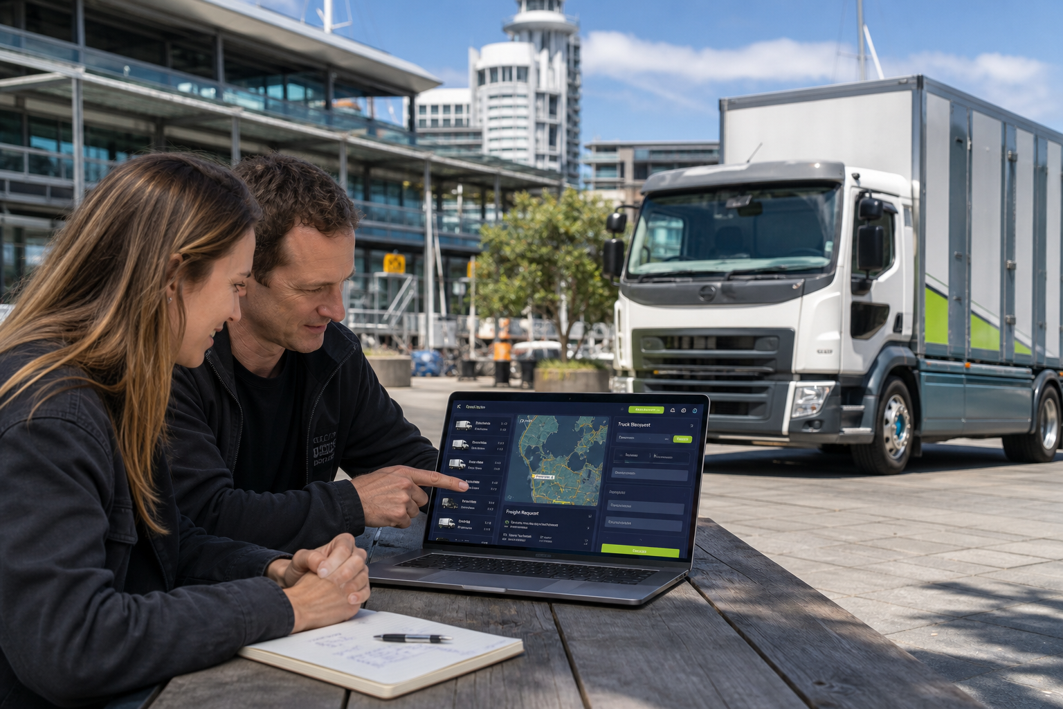 Bright Auckland plaza team reviewing an original truck booking platform with freight requests and a map