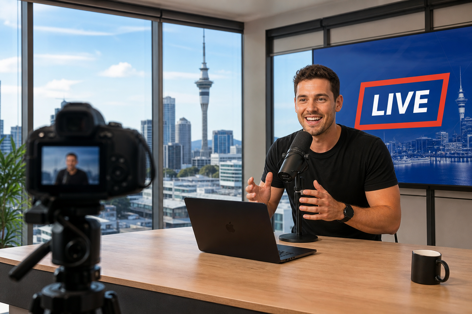 Bright Auckland studio with a presenter live streaming to viewers on a large monitor