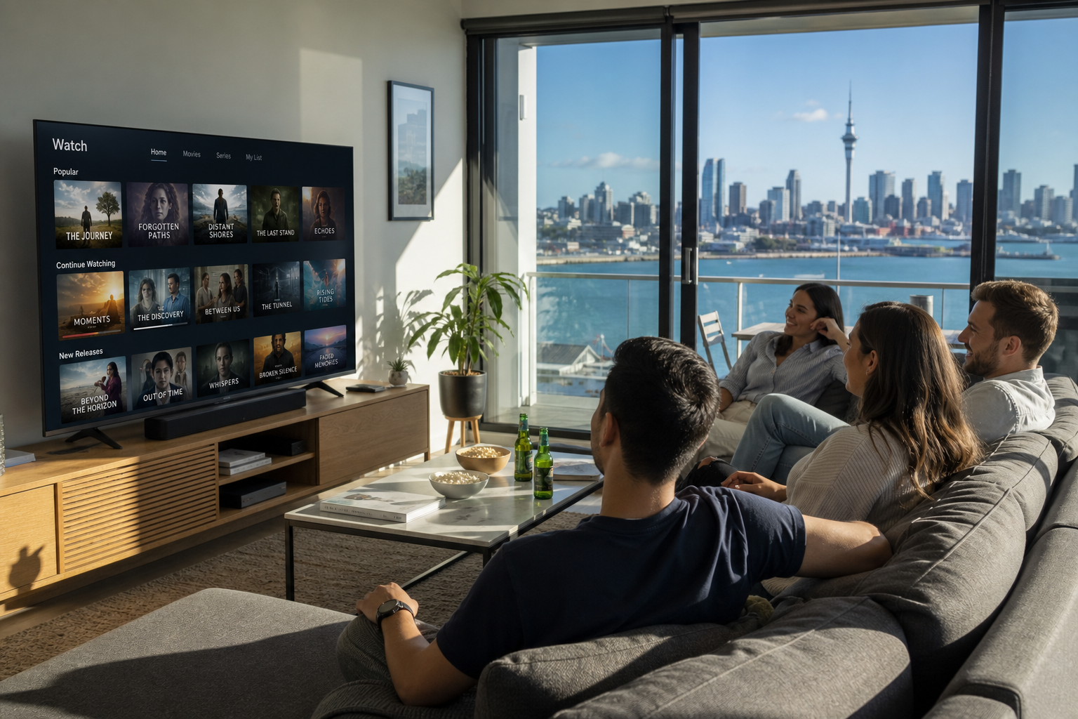 Bright Auckland apartment with friends watching an original streaming library on a large TV