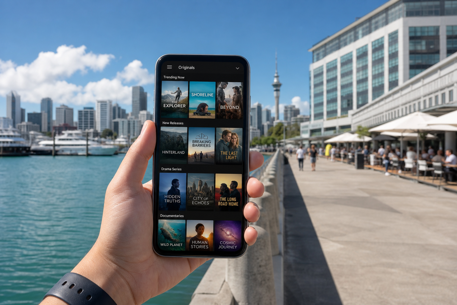 Sunny Auckland waterfront with a smartphone showing an original video streaming library