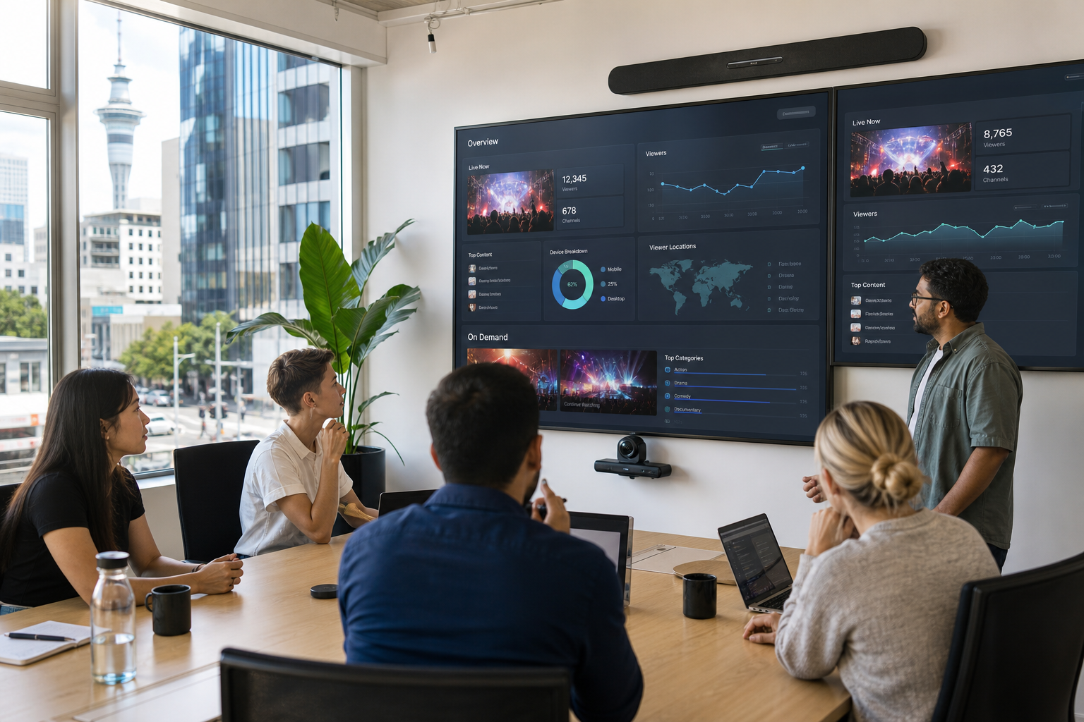 Bright Auckland studio team reviewing a live and on demand streaming platform