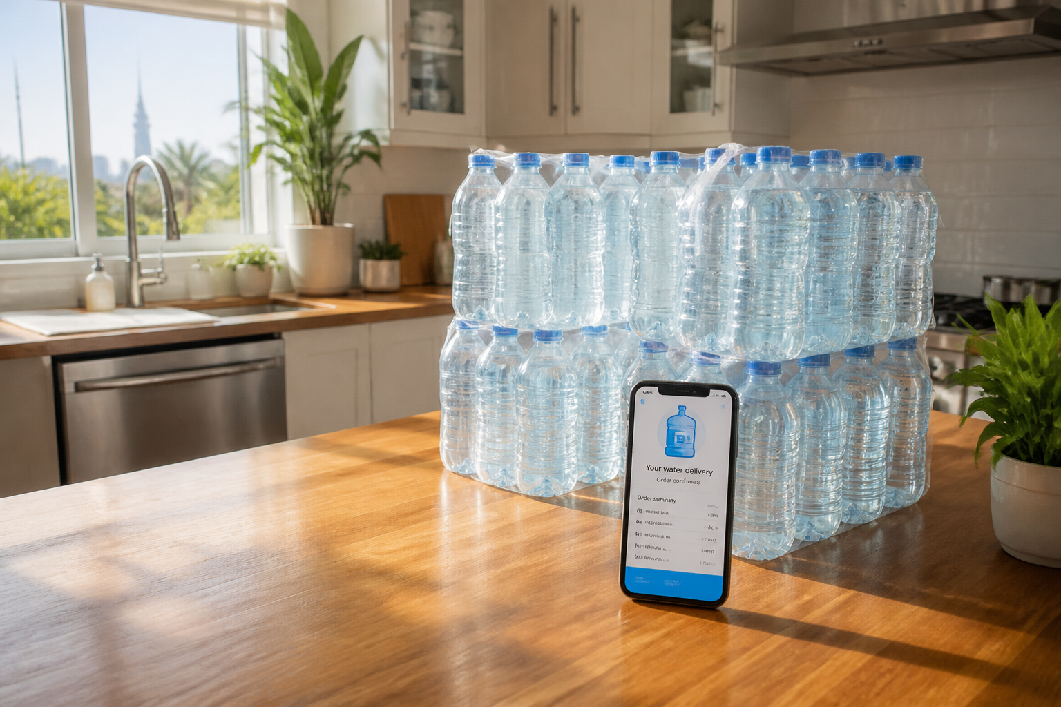 Bright Auckland kitchen with stacked bottled water and a phone showing a delivery order