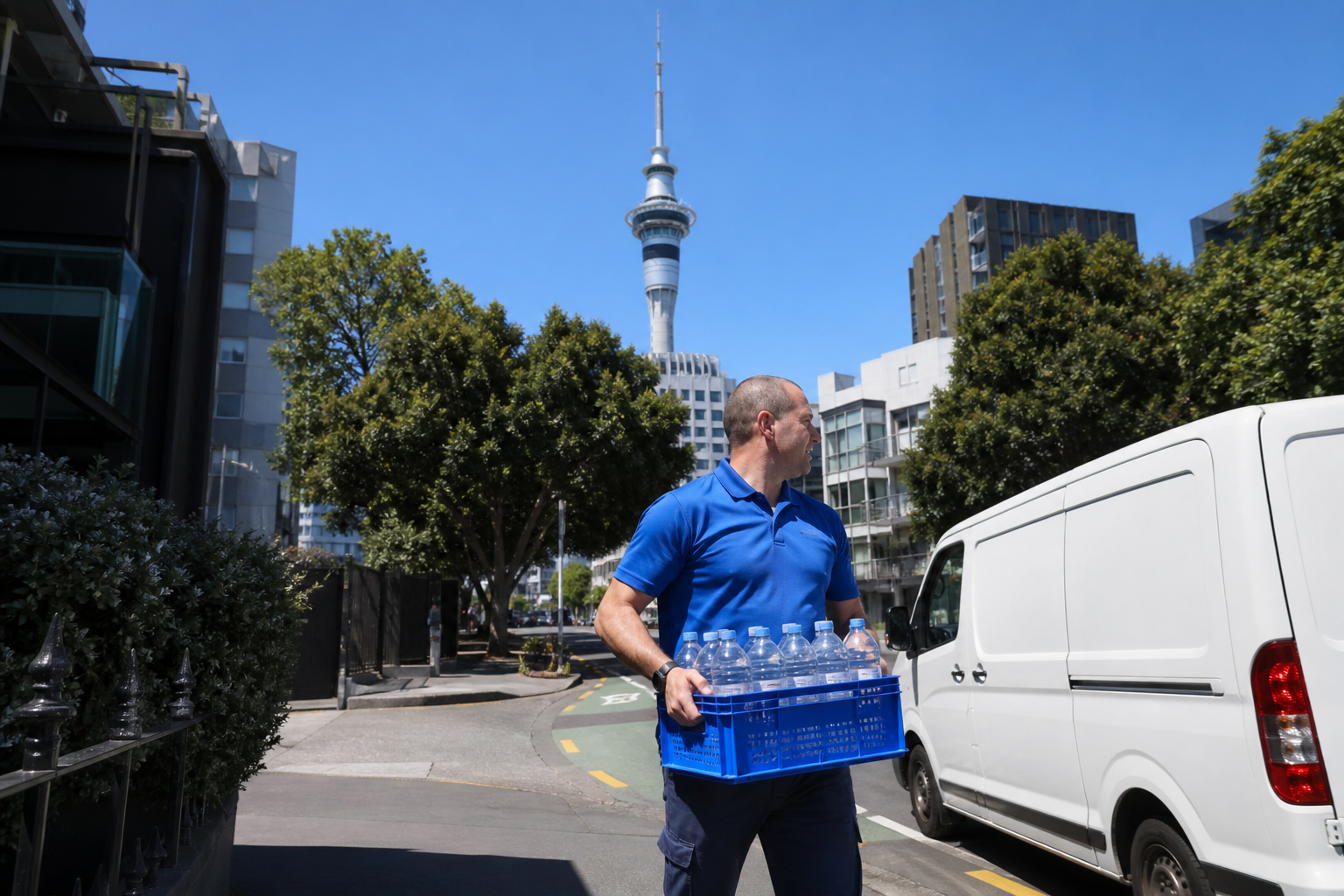 Bright Auckland street with a water delivery courier carrying bottled water and the Sky Tower in the background