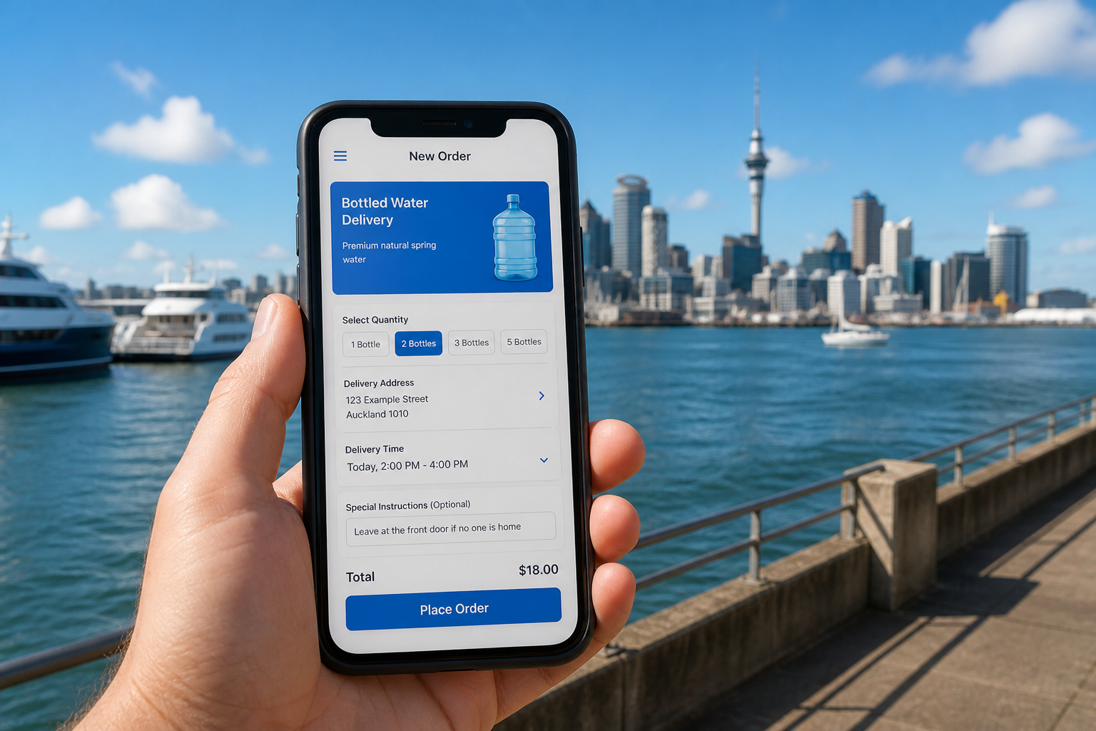 Sunny Auckland waterfront with a smartphone showing a bottled water delivery order