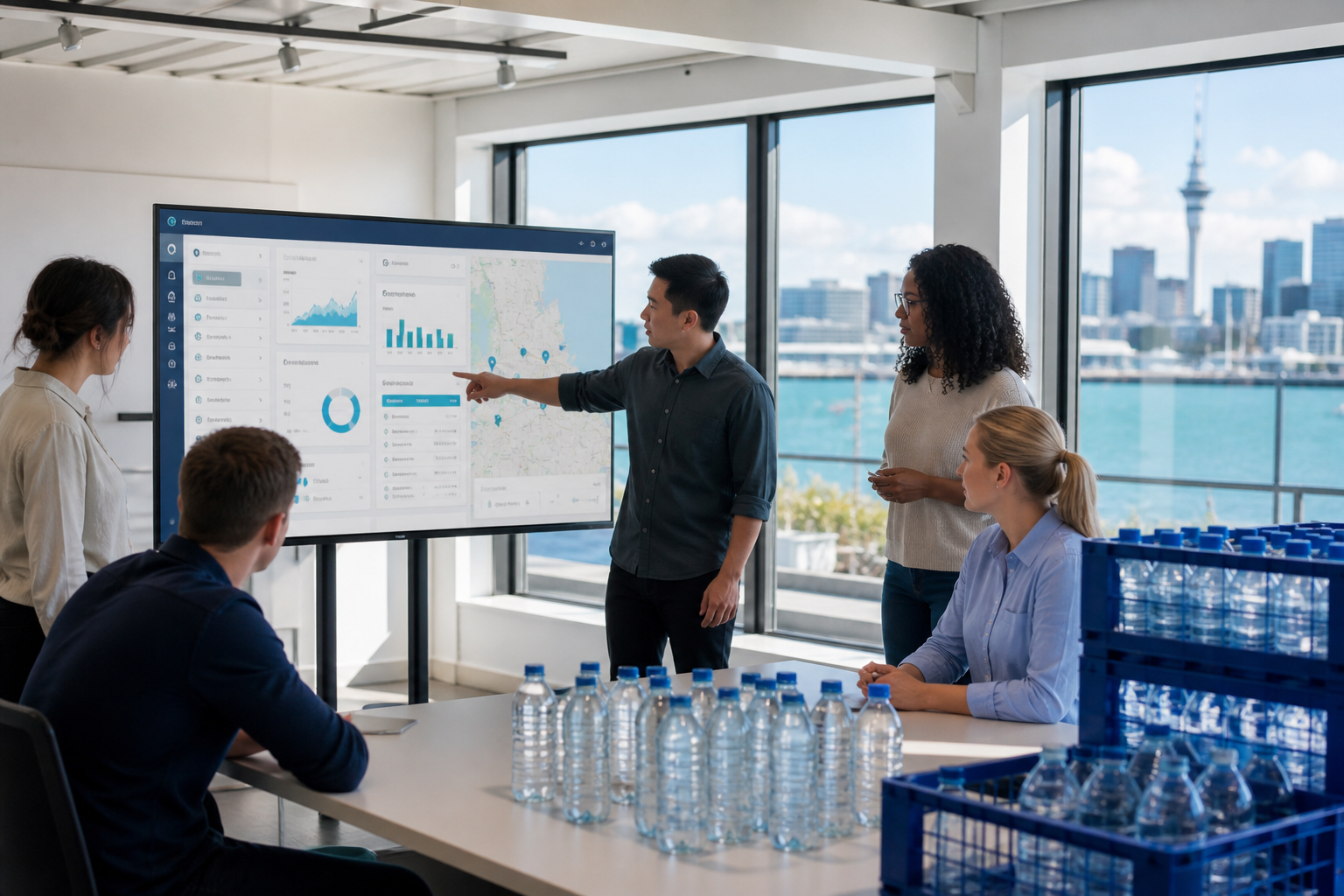 Bright Auckland studio team reviewing a water delivery ordering platform on a large screen