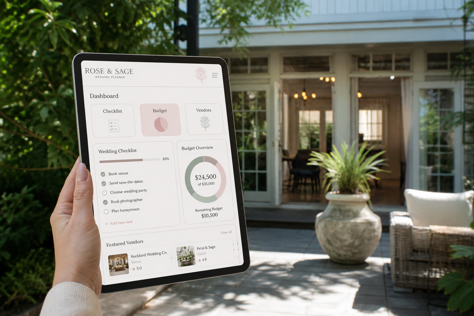 Sunny Auckland villa courtyard with a tablet showing original wedding checklists and vendors