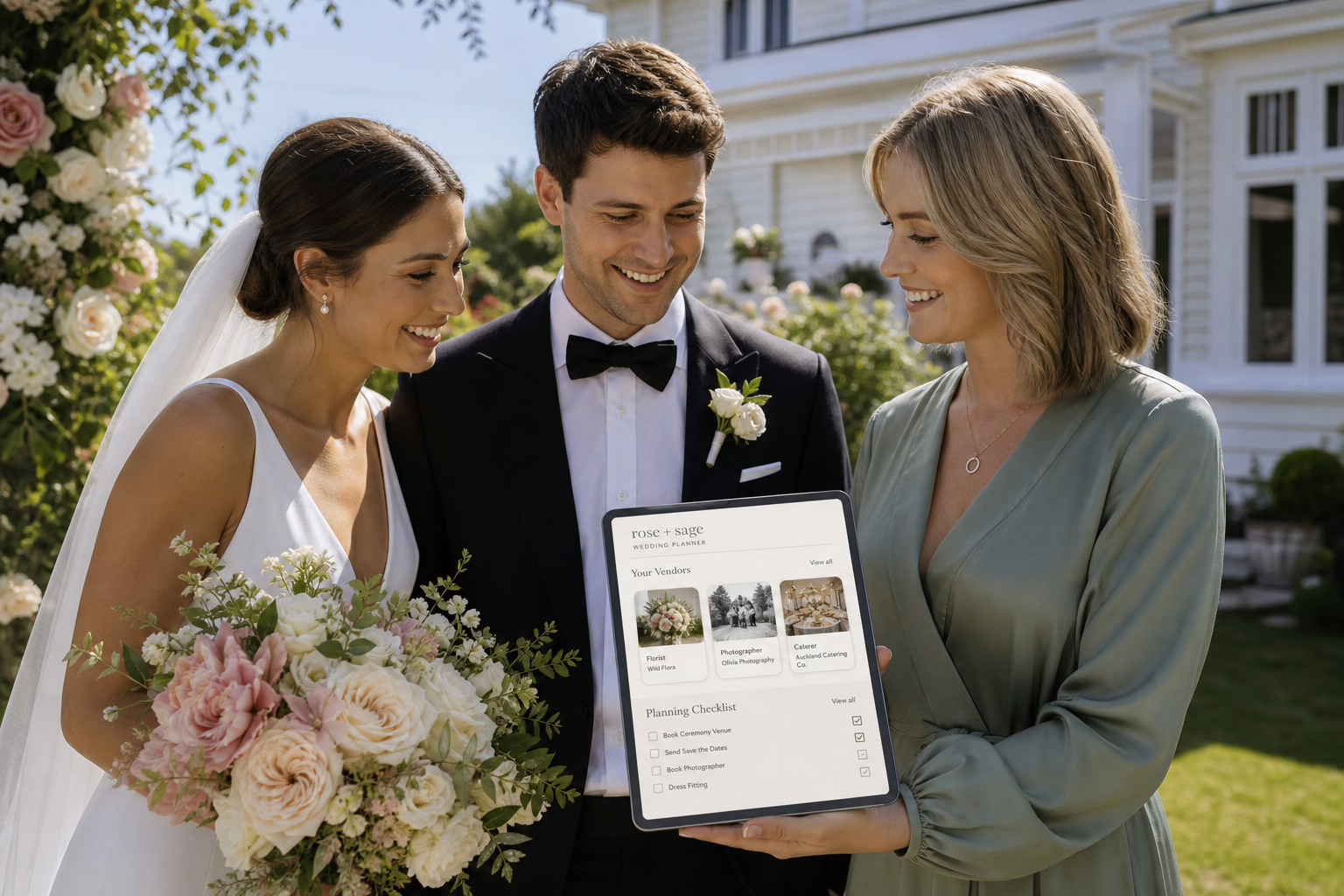 Bright Auckland garden wedding with a planner using an original wedding checklist app on a tablet