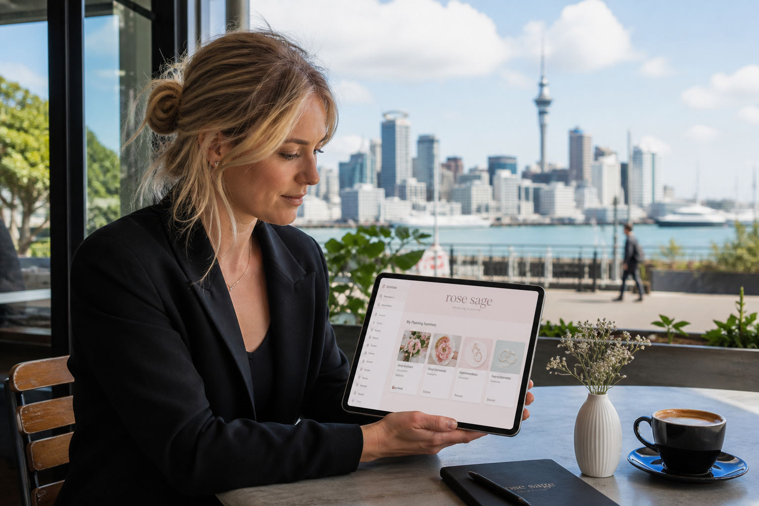 Sunny Auckland cafe with a planner reviewing an original wedding planning app