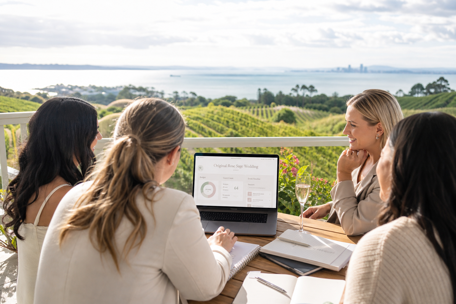 Bright Auckland vineyard terrace with a team reviewing an original wedding dashboard